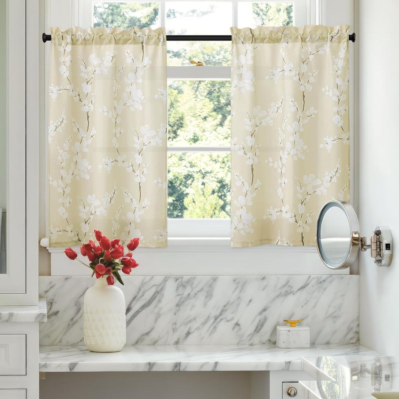 FMFUNCTEX Beige Kitchen Tier Curtains 24 Inch Length Windows White Blossom Print Light Filtering Privacy Tiers for Bathroom Living Room Privacy Small Café Curtain 2 Panels - Image 1